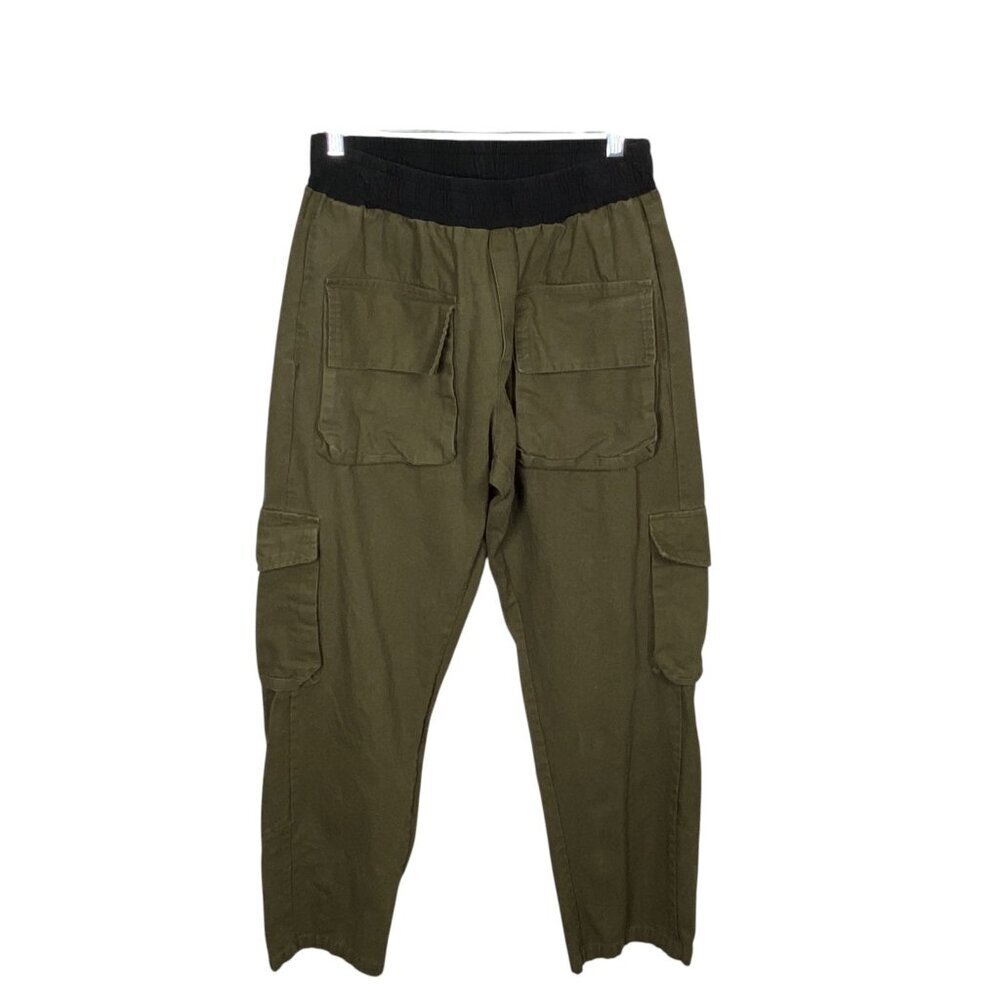 MNML Cargo Utility Pants Mens  L Olive Green Ankle Snaps Elastic Waist Cotton